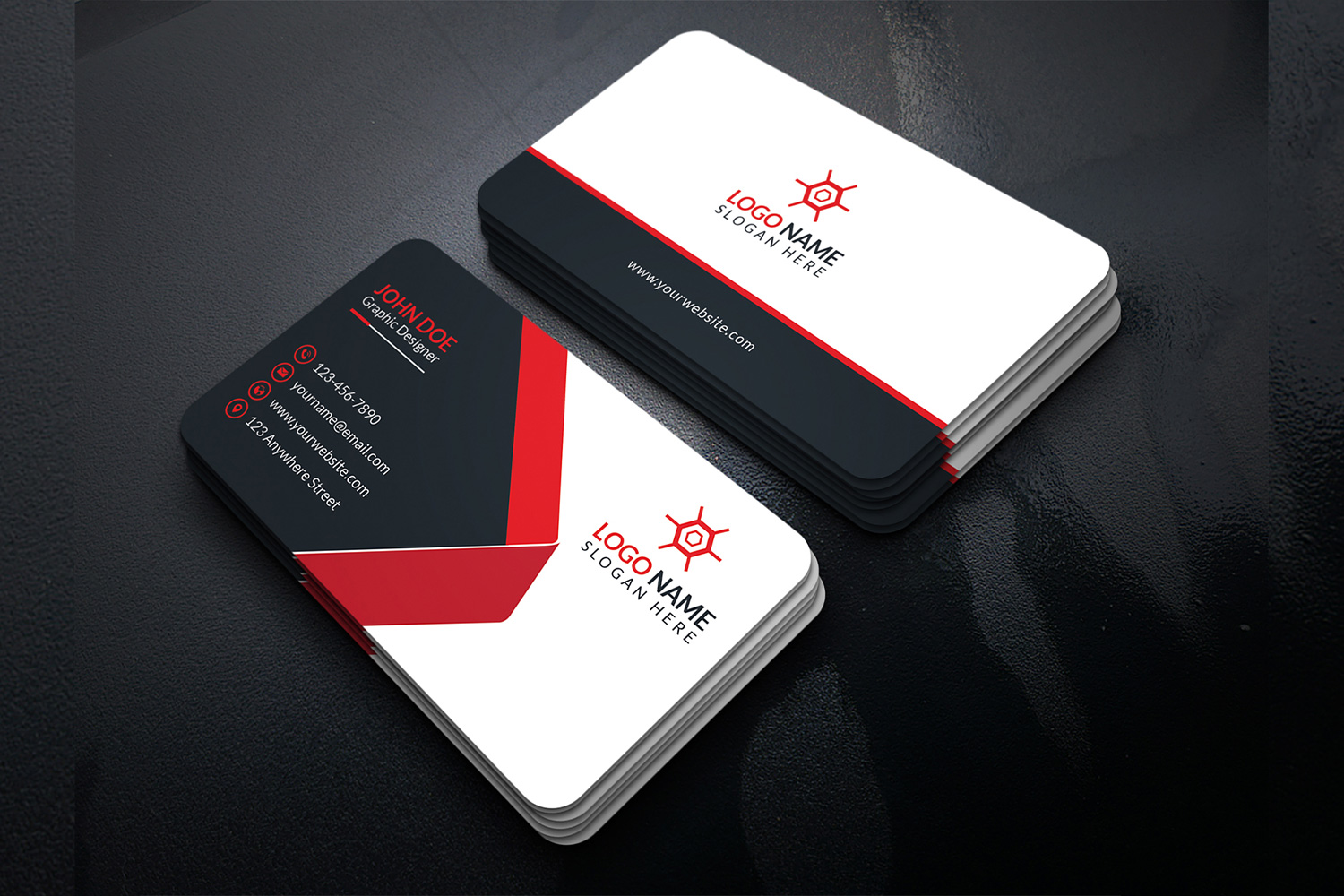 Business Card Red Accent Design Template preview image.