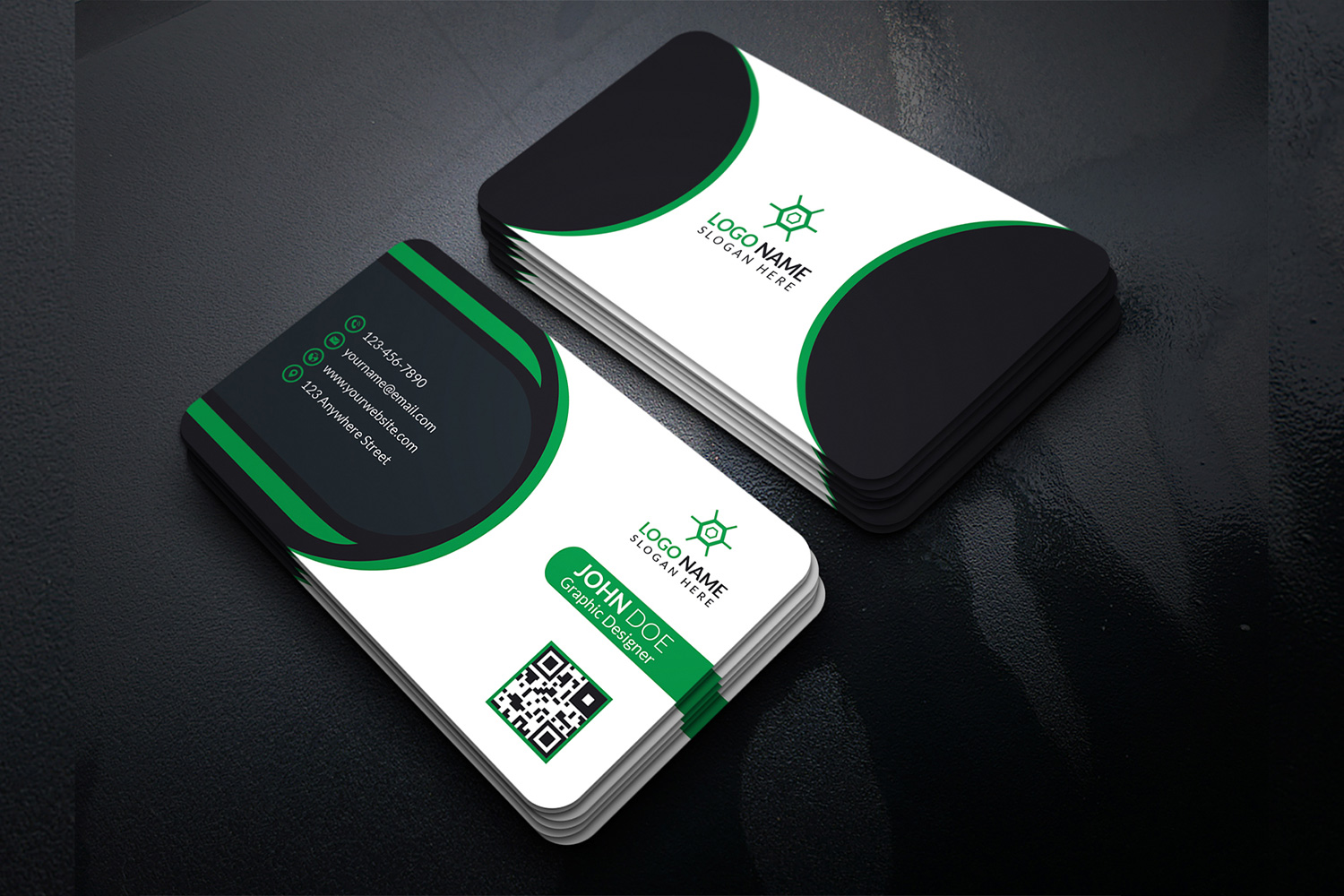 Minimalistic business cards with strong green lines.