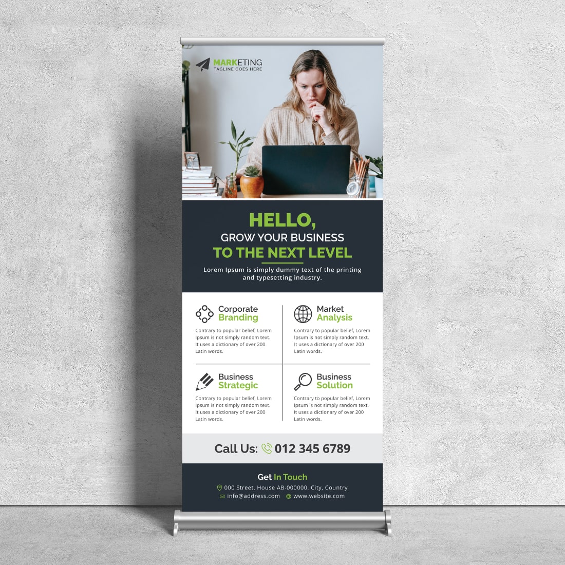 Image of a corporate roll up banner in a beautiful green design