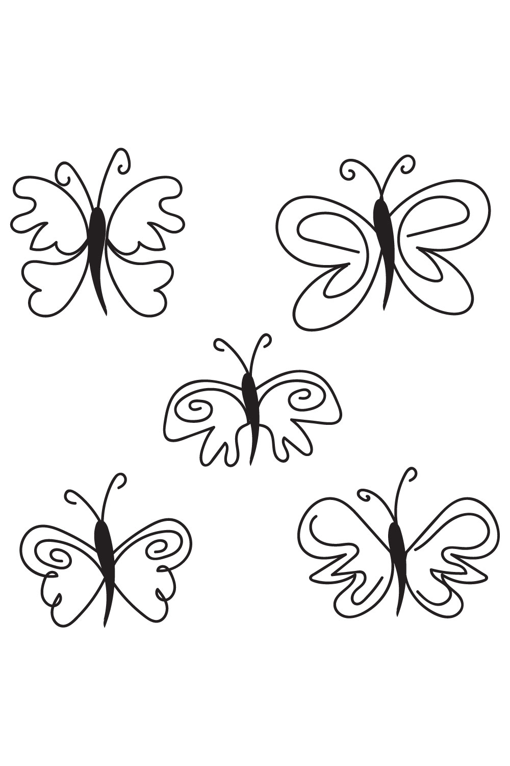 Set of four black and white butterflies.