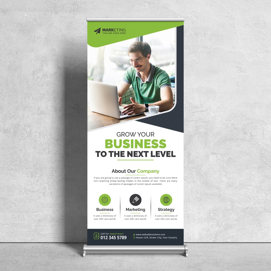 Image of a corporate roll up banner in a beautiful green design