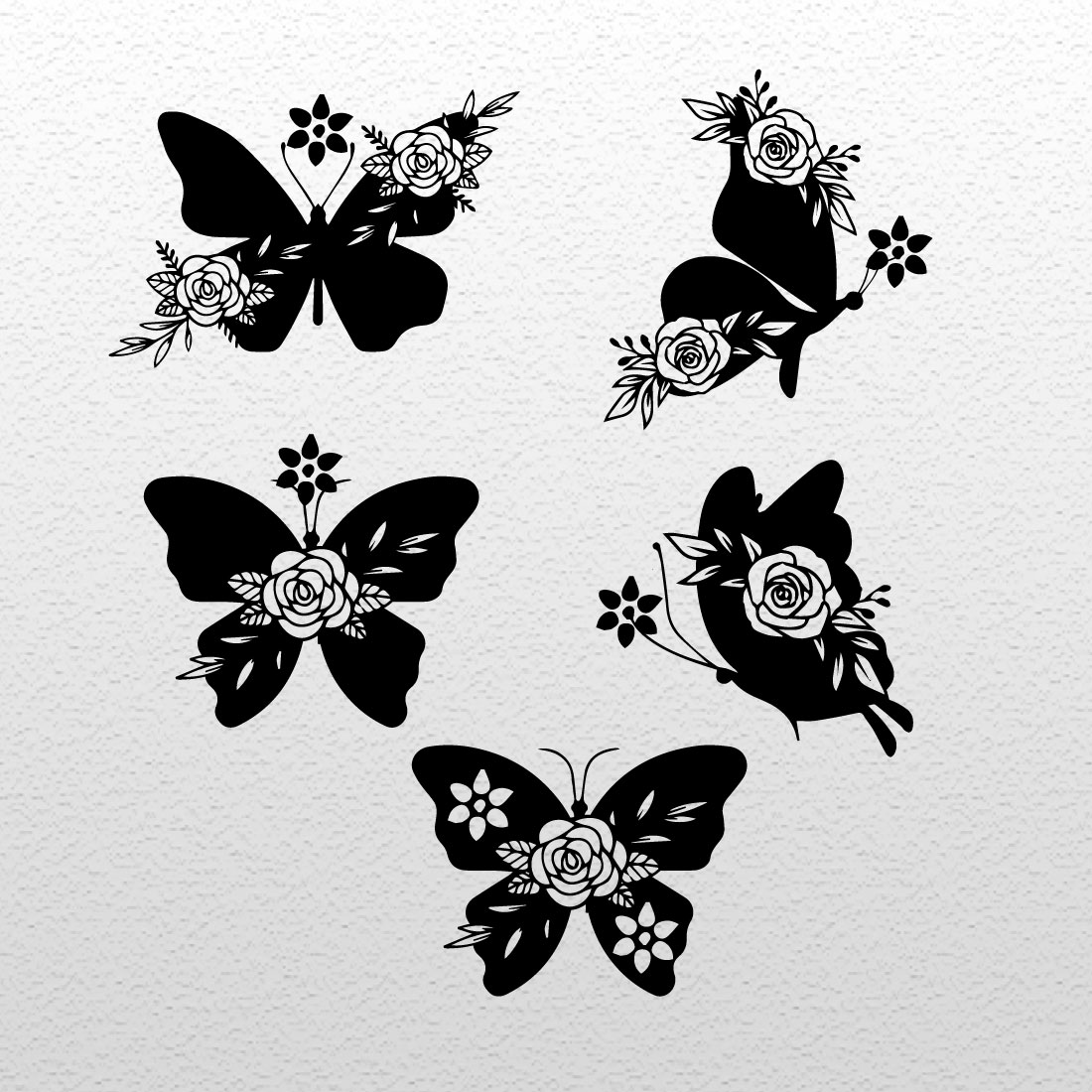 Set of four butterflies with flowers on them.