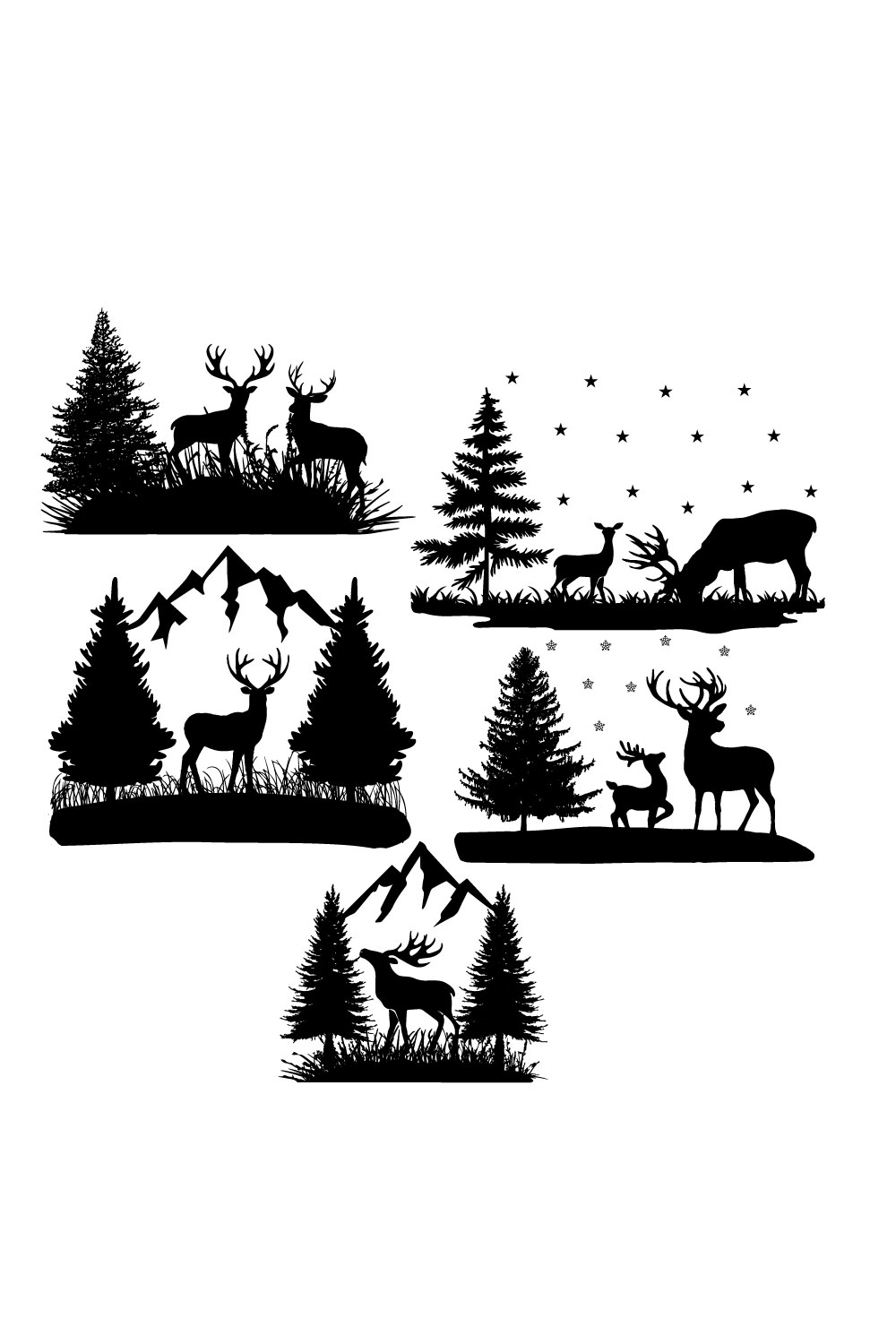 Set of silhouettes of deer and trees.