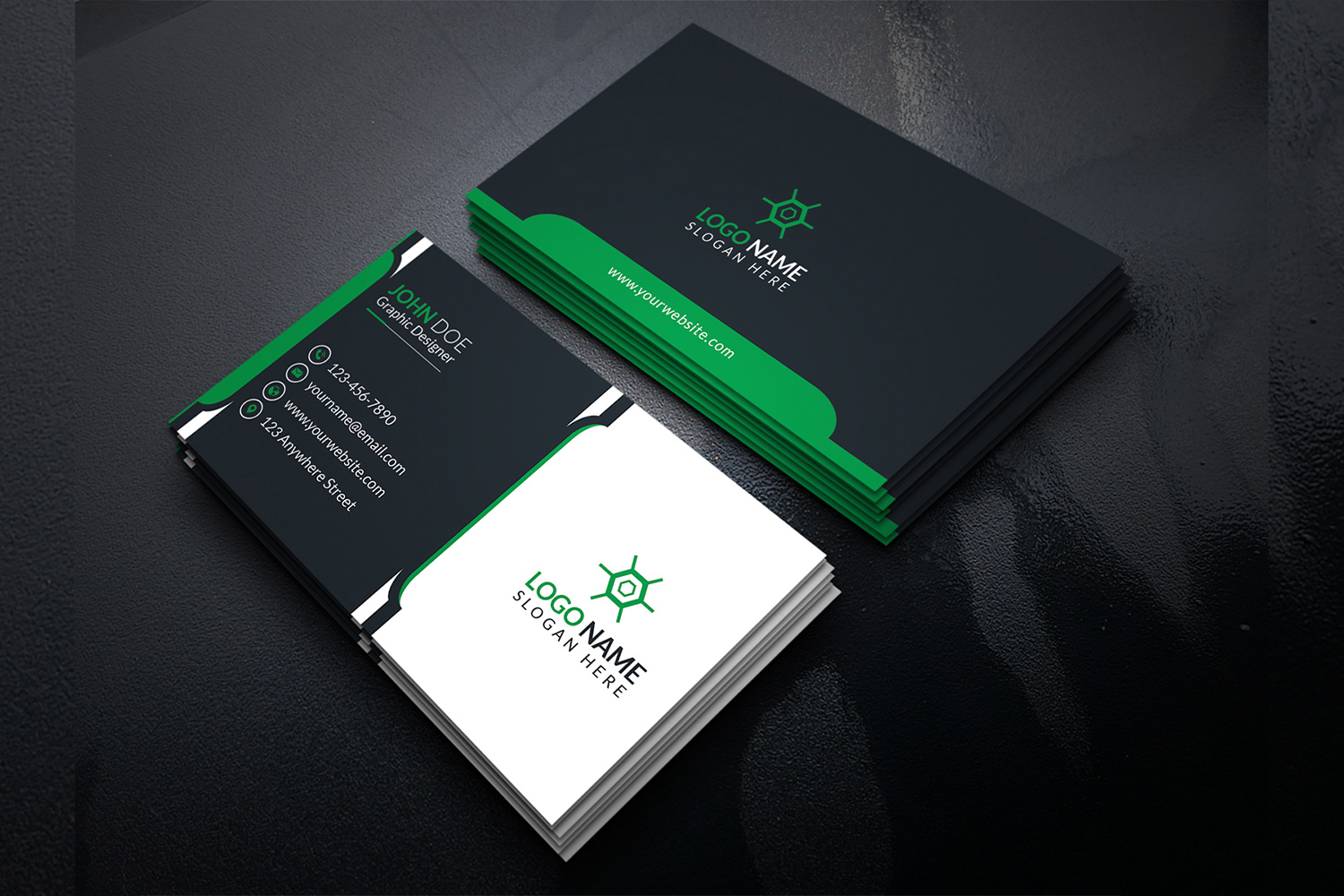 Black and white business cards with green lines.