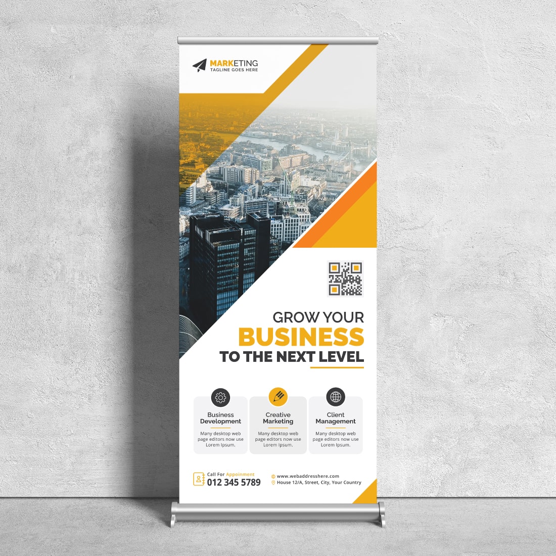 Image of corporate roll up banner in exquisite yellow design