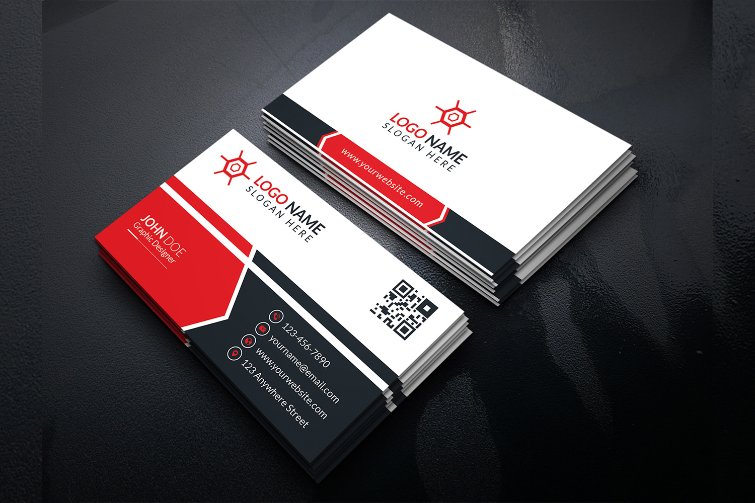 Light business card with red elements.