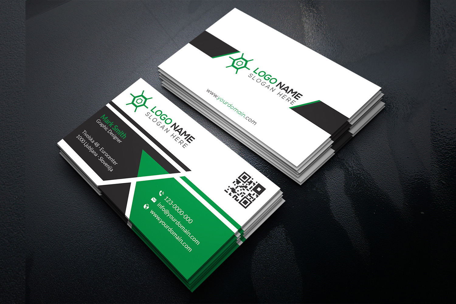 Three colored business cards with green blocks.