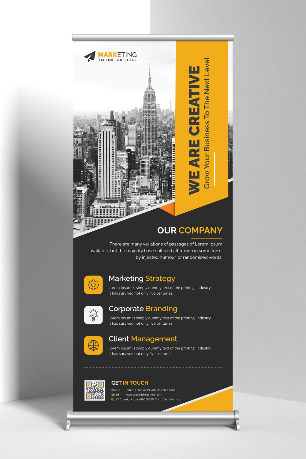 Image of corporate roll up banner in unique yellow design