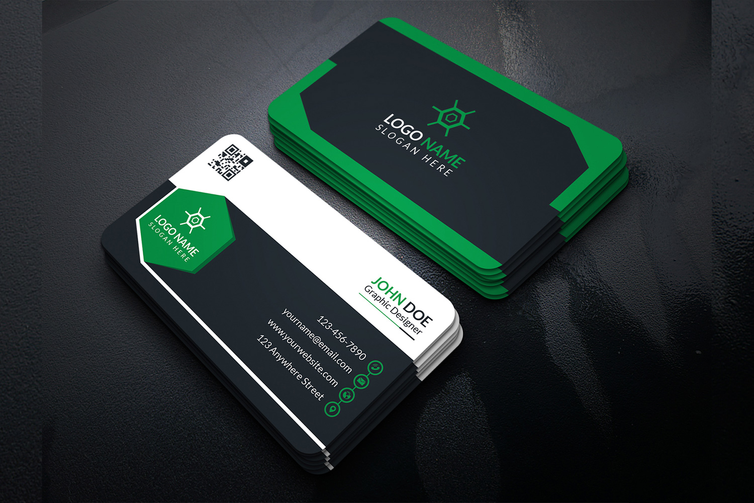 Stylish business cards in green and black colors.
