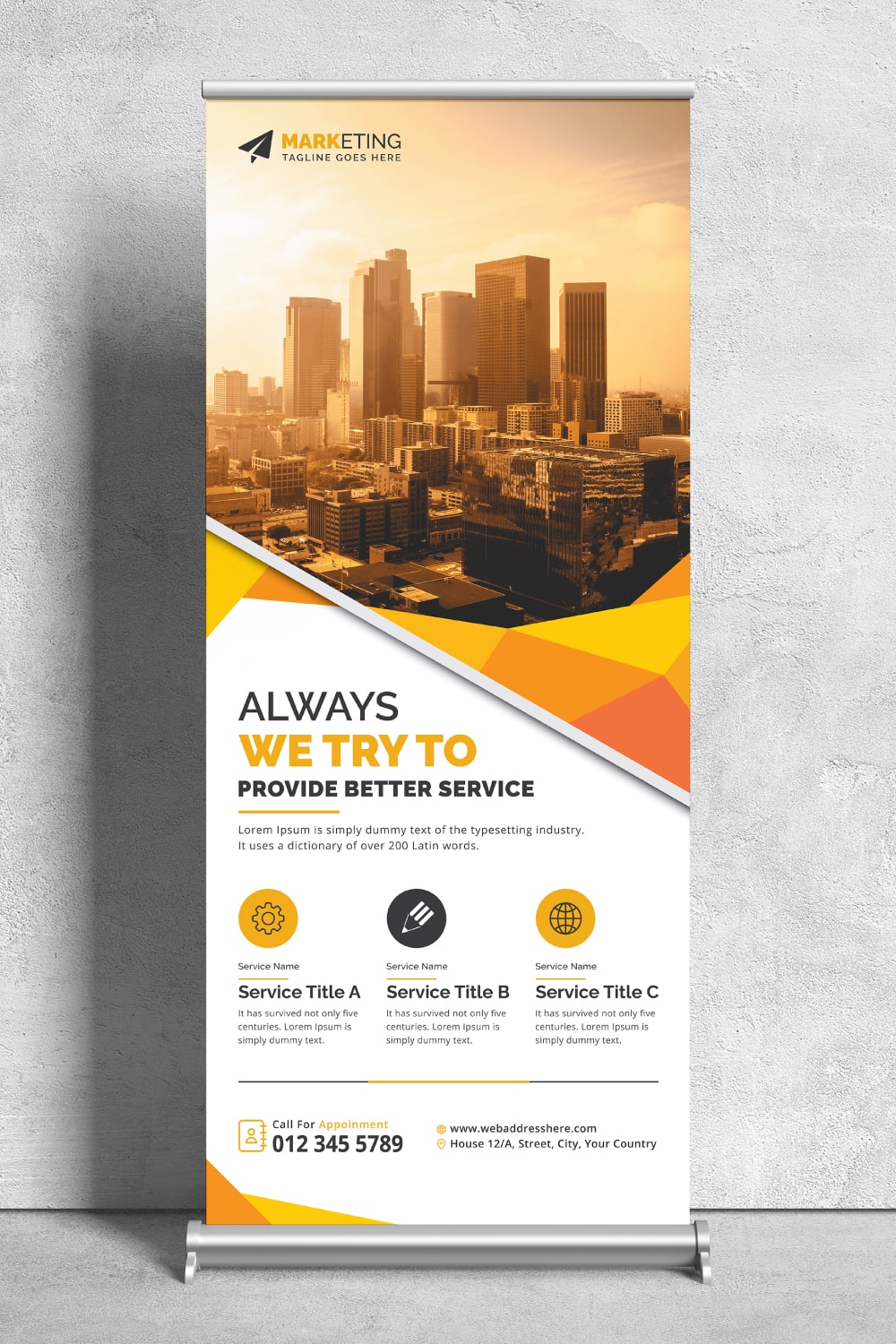 Image of corporate roll up banner in gorgeous yellow design