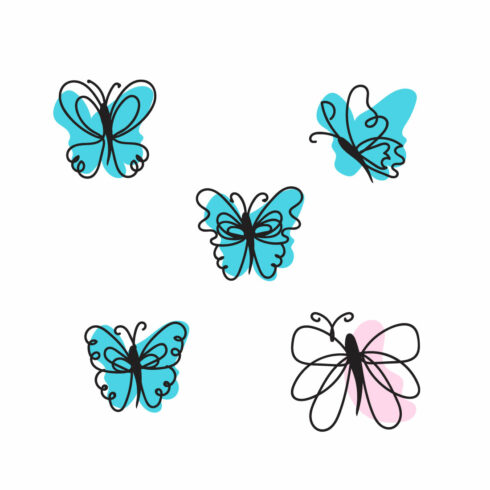 Group of four blue butterflies on a white background.