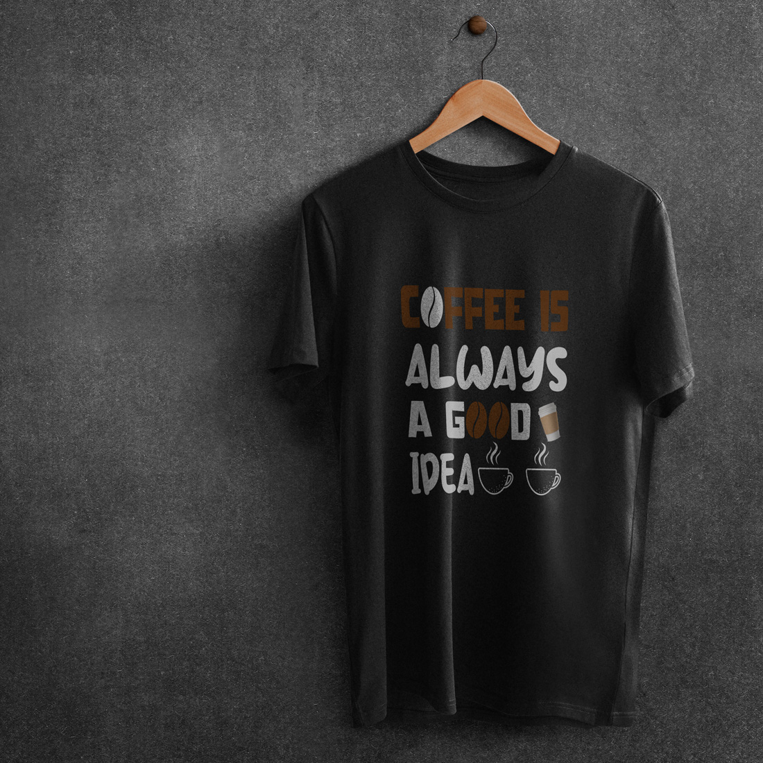 Picture of a black t-shirt with a wonderful print on the theme of coffee