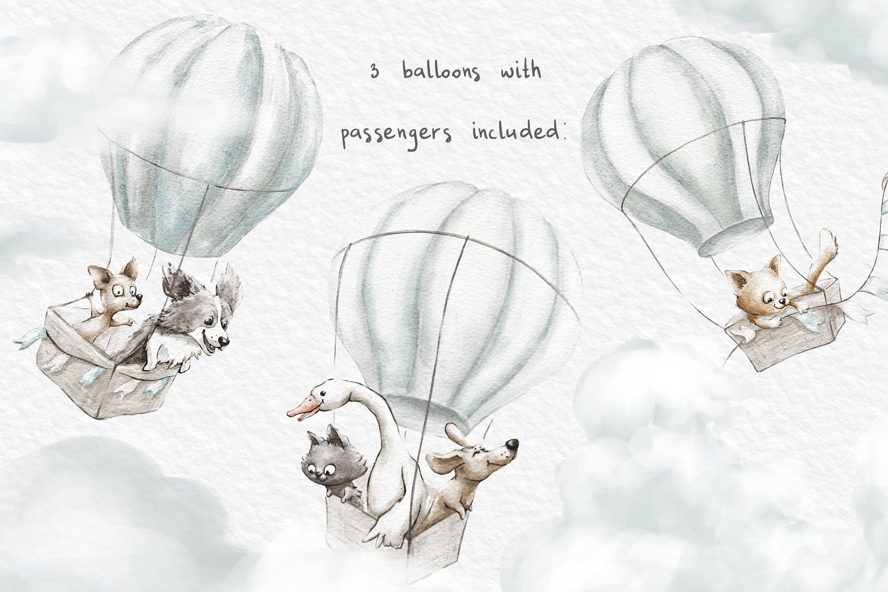 Three compositions with animals in balloons.