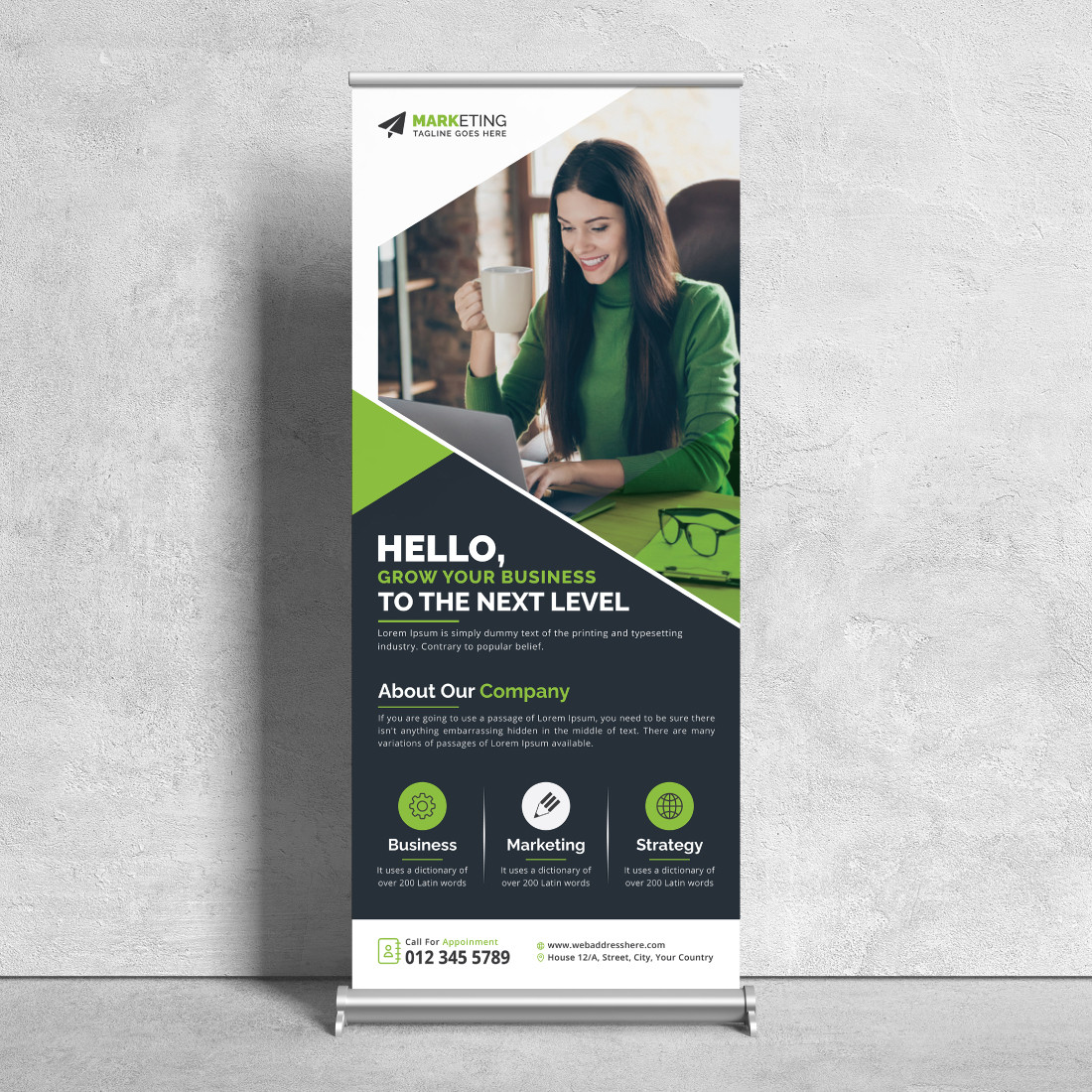 Image of a corporate roll up banner in a beautiful green design