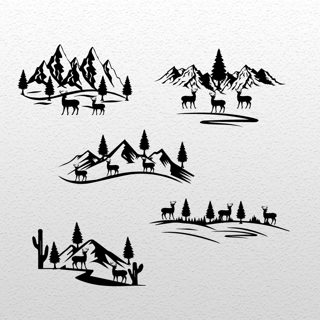 Drawing of a mountain scene with deer and trees.