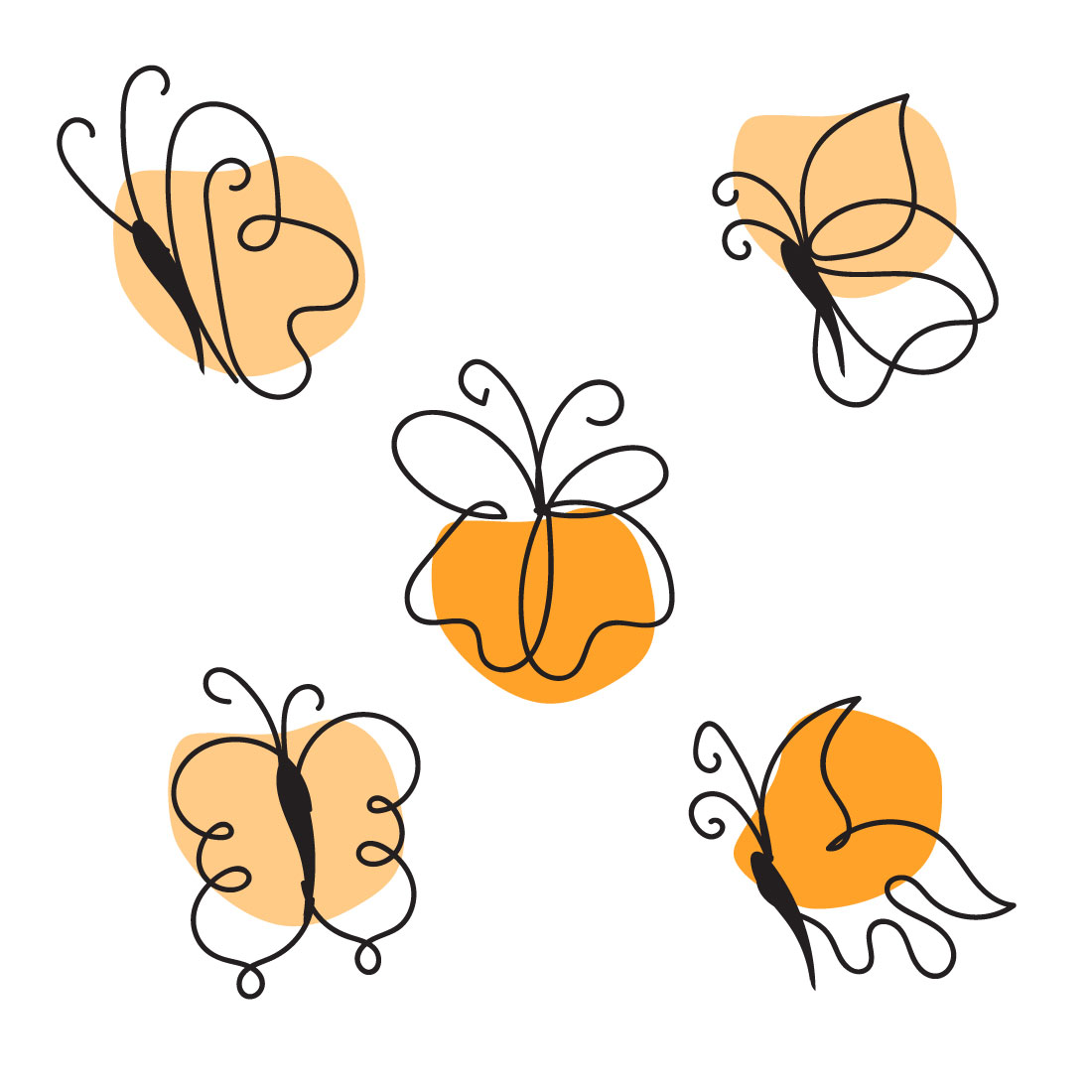 Set of four orange butterflies on a white background.