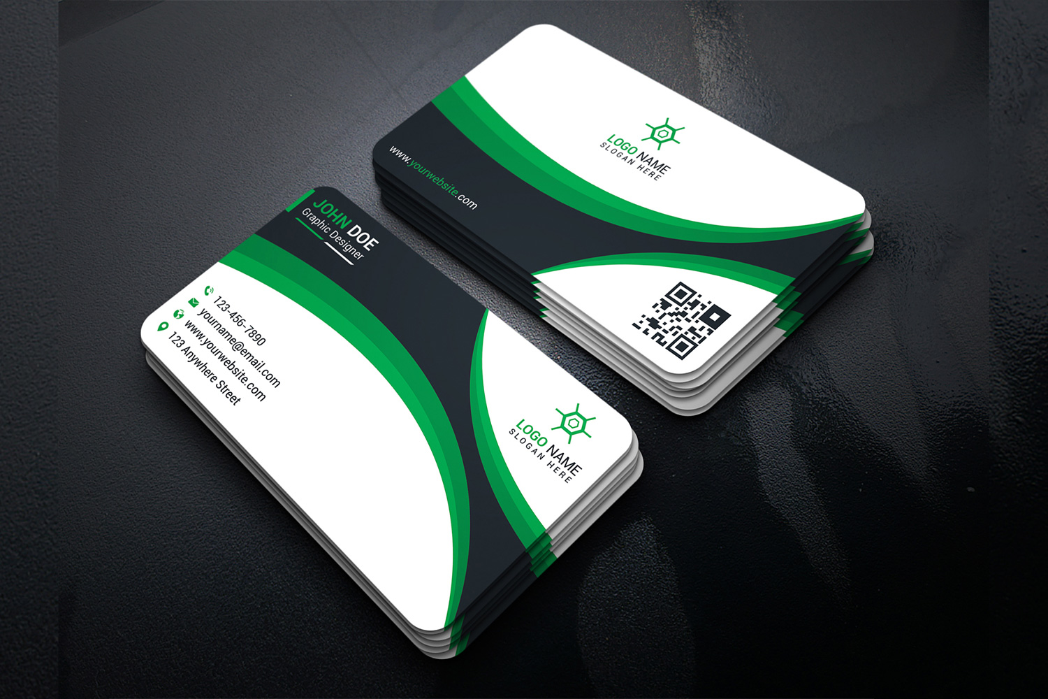 Business Card Green and White Modern Design Template preview image.