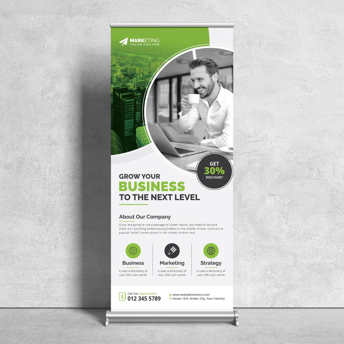 Image of a corporate roll up banner in a beautiful green design