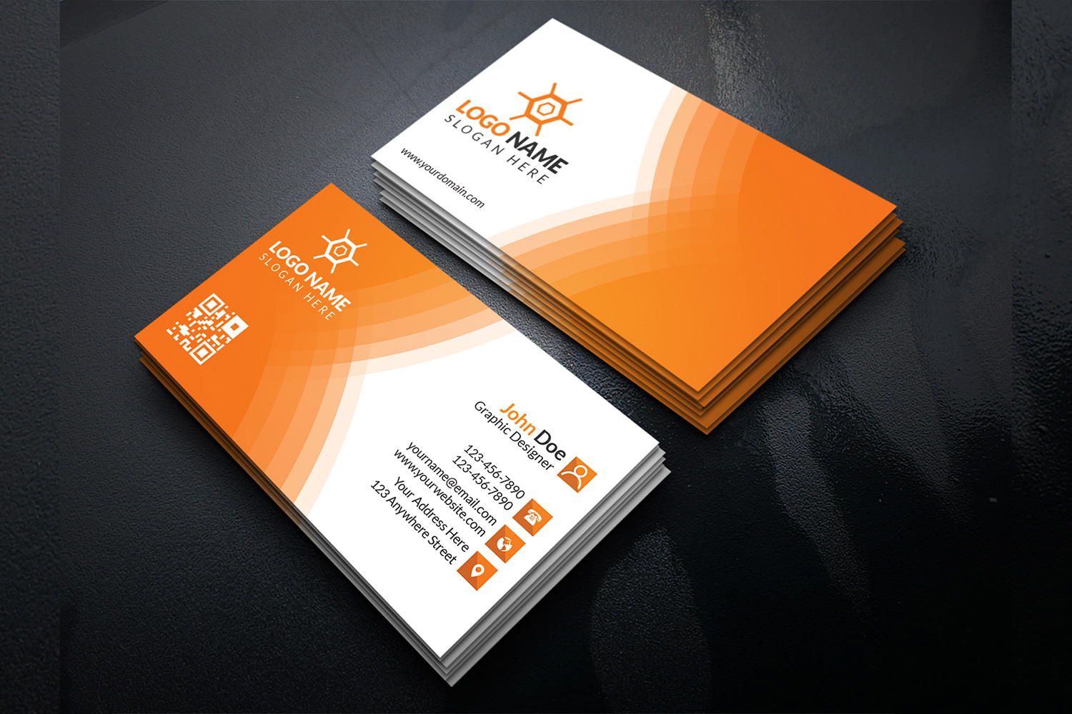 Orange and white business card.