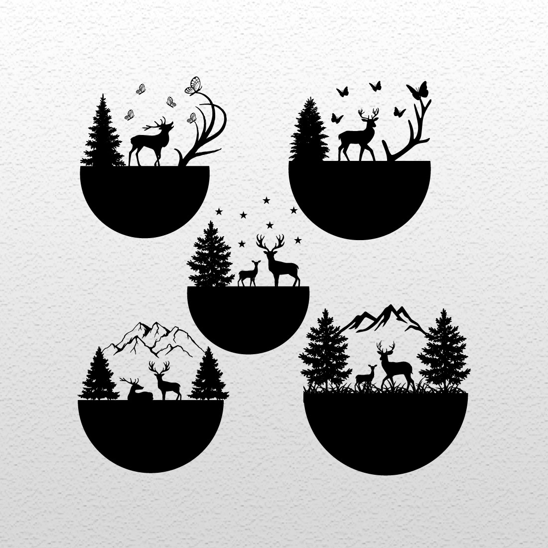 Set of four silhouettes of deer in a forest.