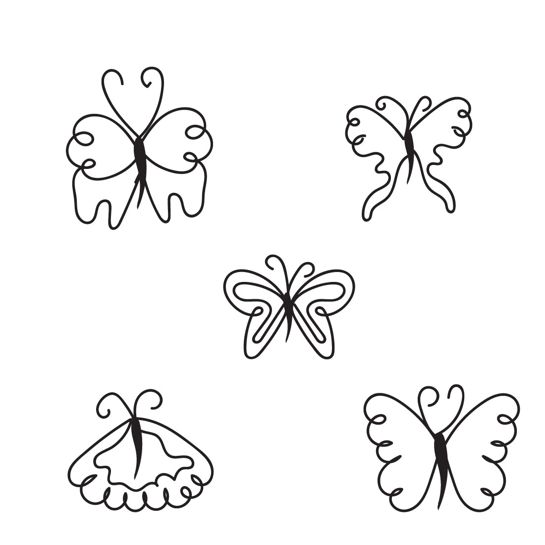 Four butterflies that are drawn in black and white.