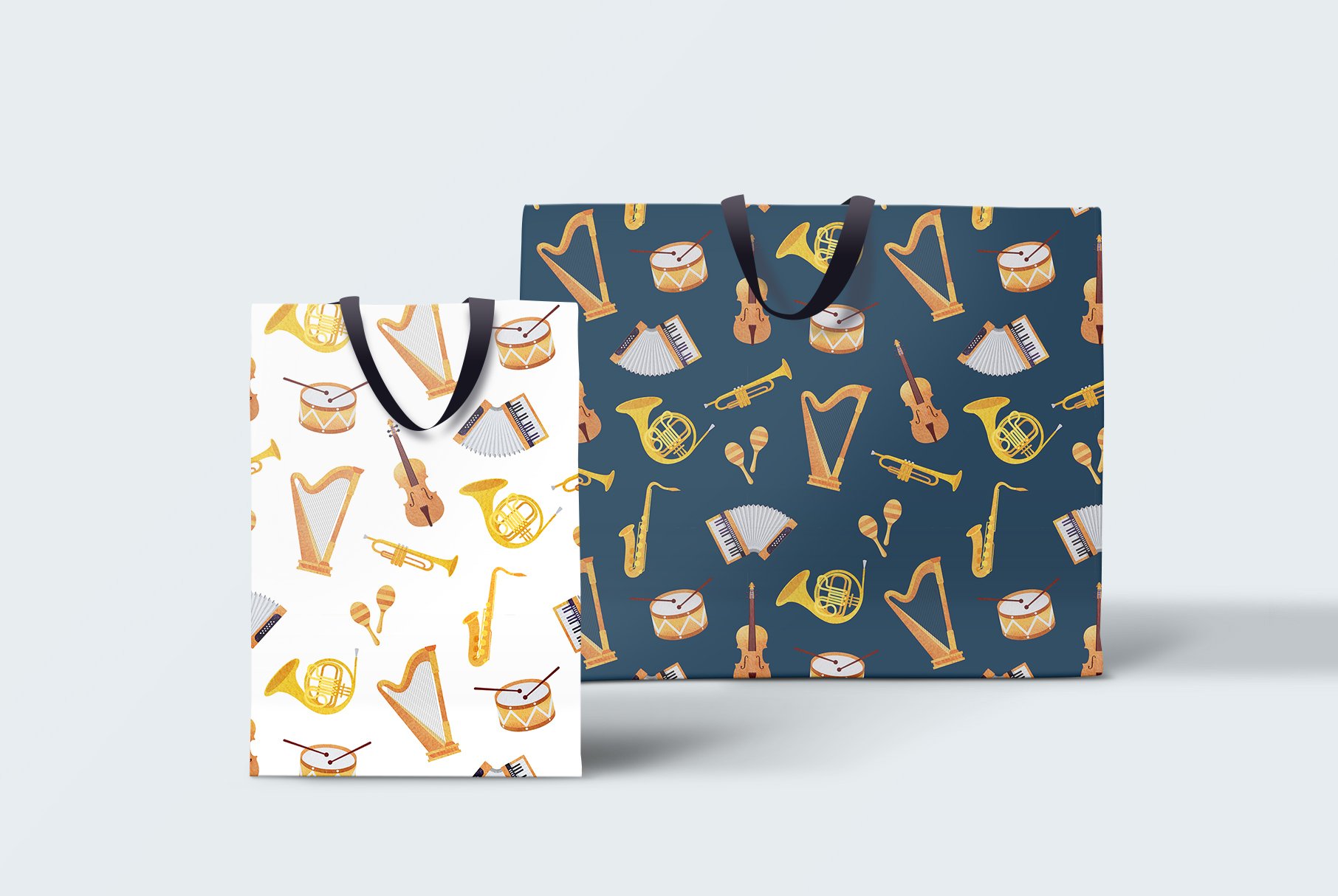 Paper packages with the music instruments print.