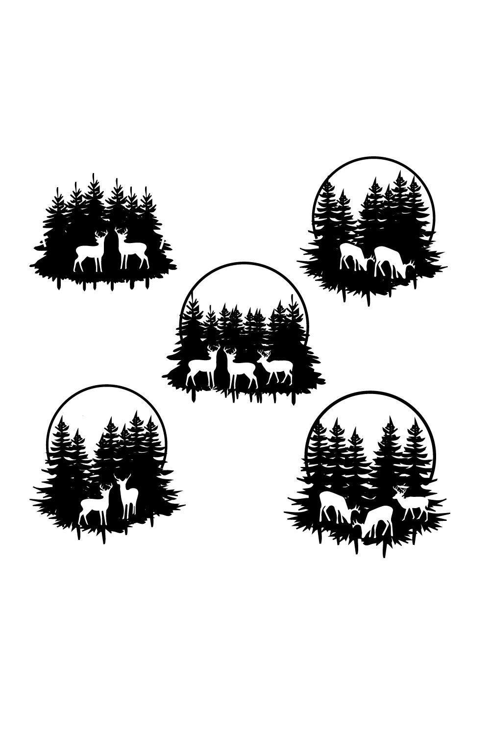 Set of three black and white silhouettes of deer and trees.