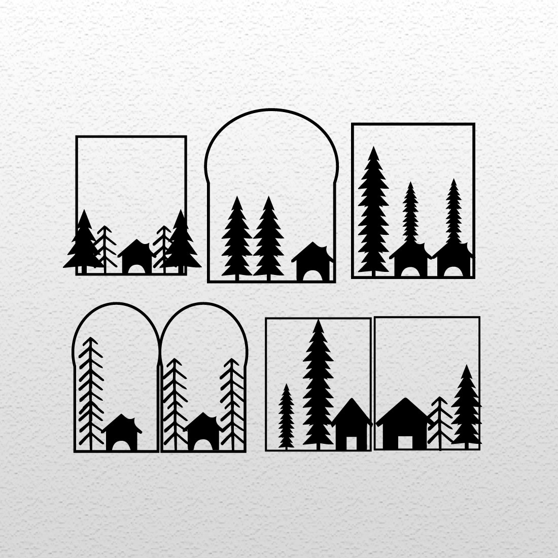 A pack of black charming images of houses near the Christmas trees