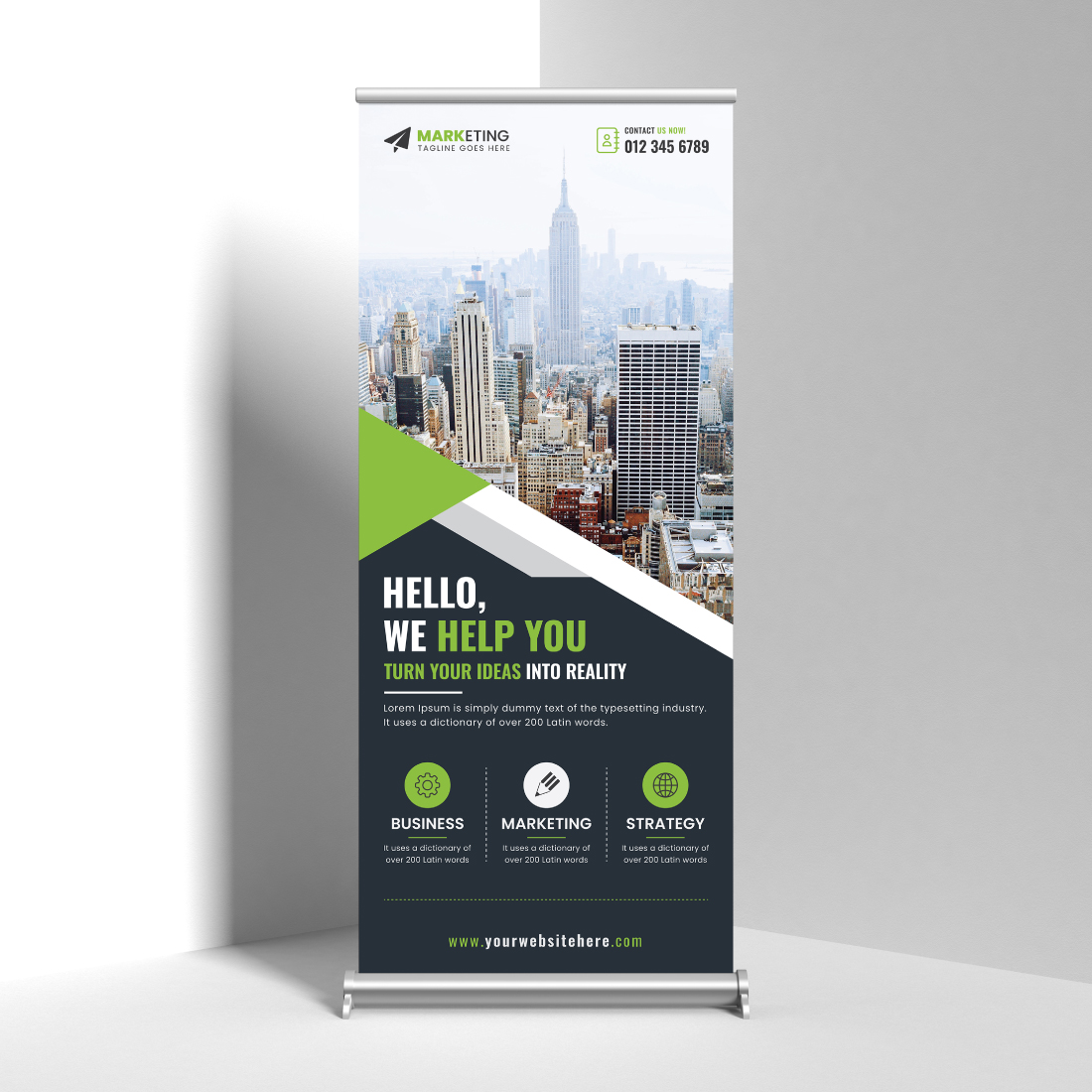 Image of a corporate roll up banner in a beautiful green design