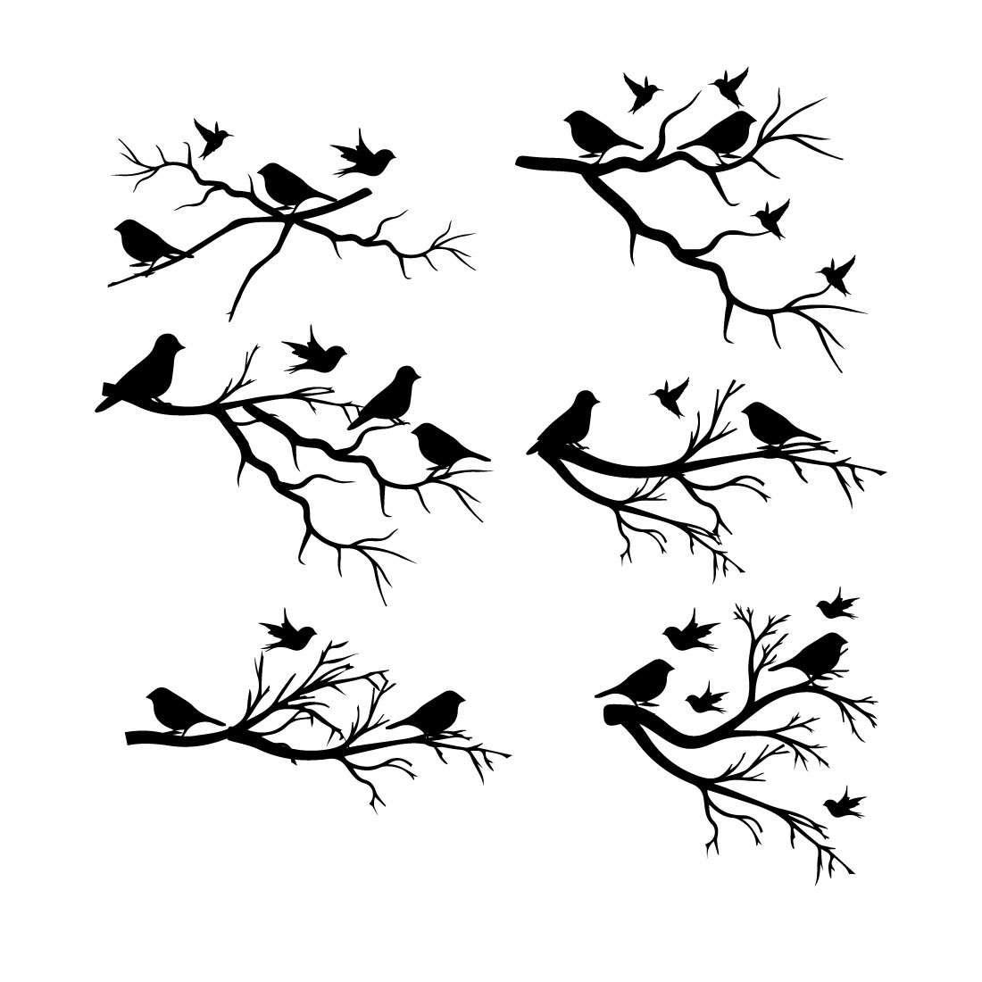 Set of six birds sitting on a tree branch.