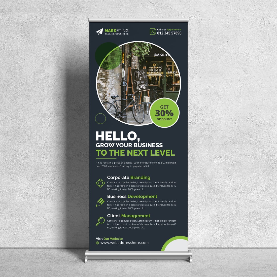 Image of a corporate roll up banner in a beautiful green design