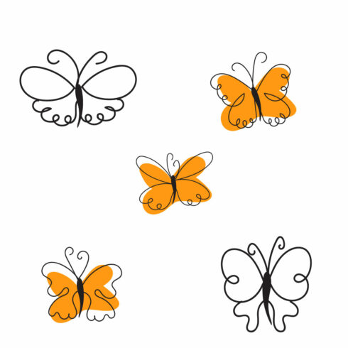 Group of four orange and black butterflies.