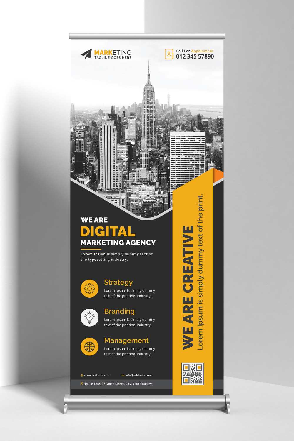 Image of corporate roll up banner in irresistible yellow design