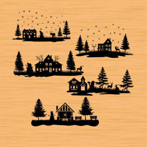 Set of enchanting images of silhouettes of Christmas houses