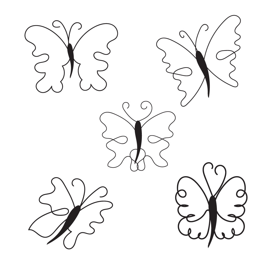 Set of four butterflies that are drawn in black and white.