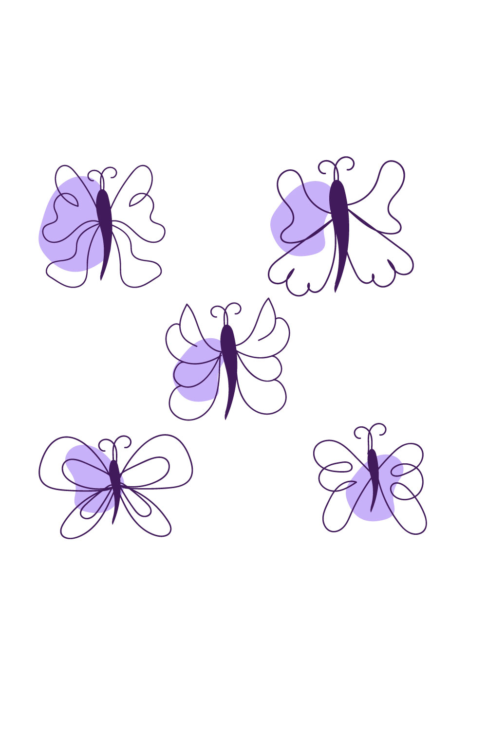 Set of four purple butterflies on a white background.