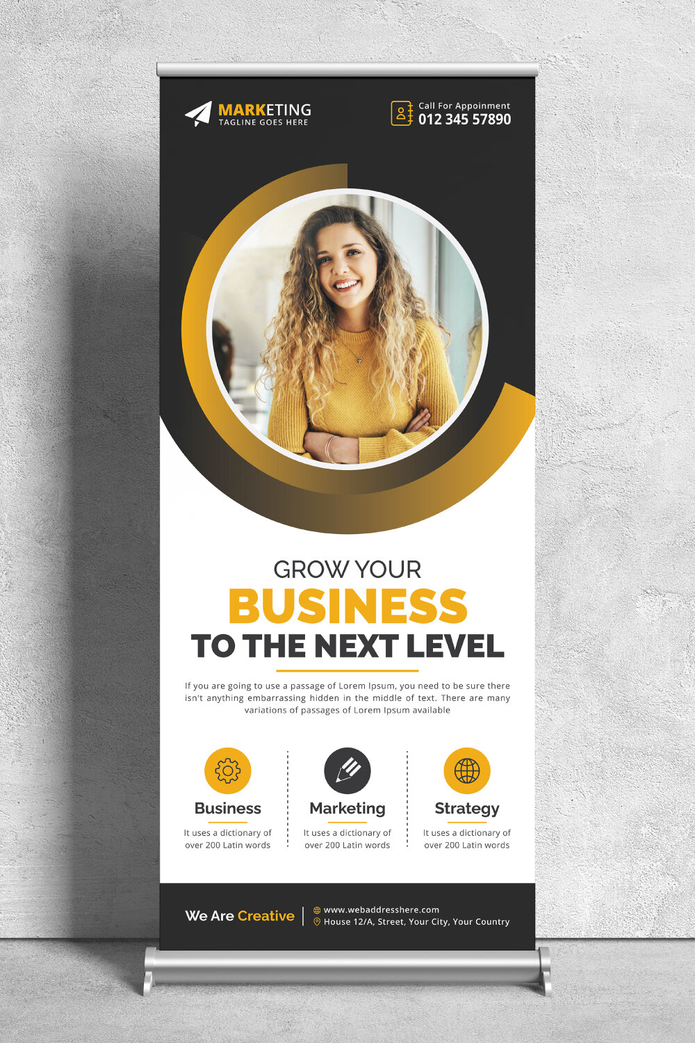 Image of corporate roll up banner in colorful yellow design