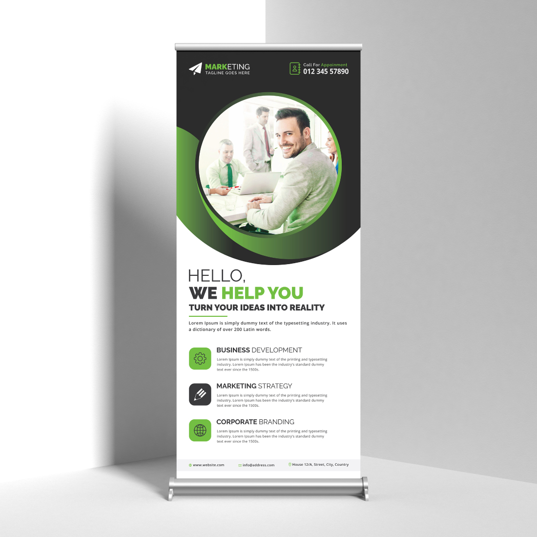 Image of corporate roll up banner in elegant green design