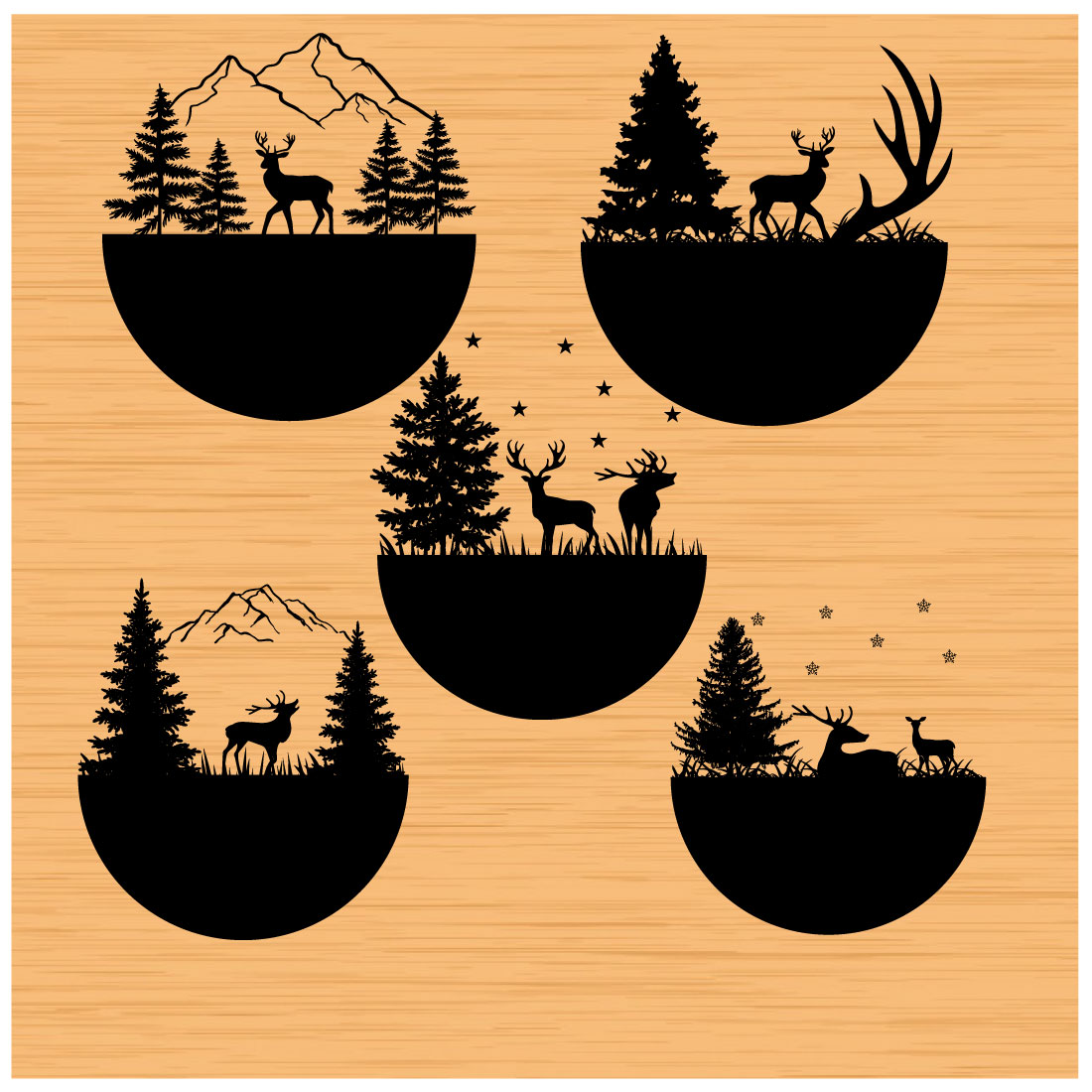 Set of four silhouettes of trees and animals.