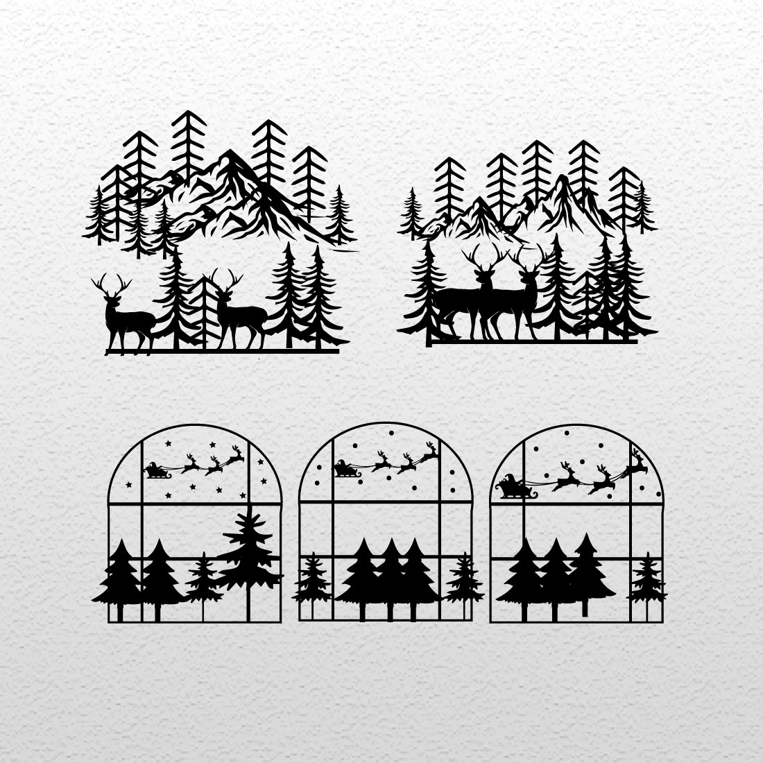 Pack of black adorable images of Christmas woods in the window