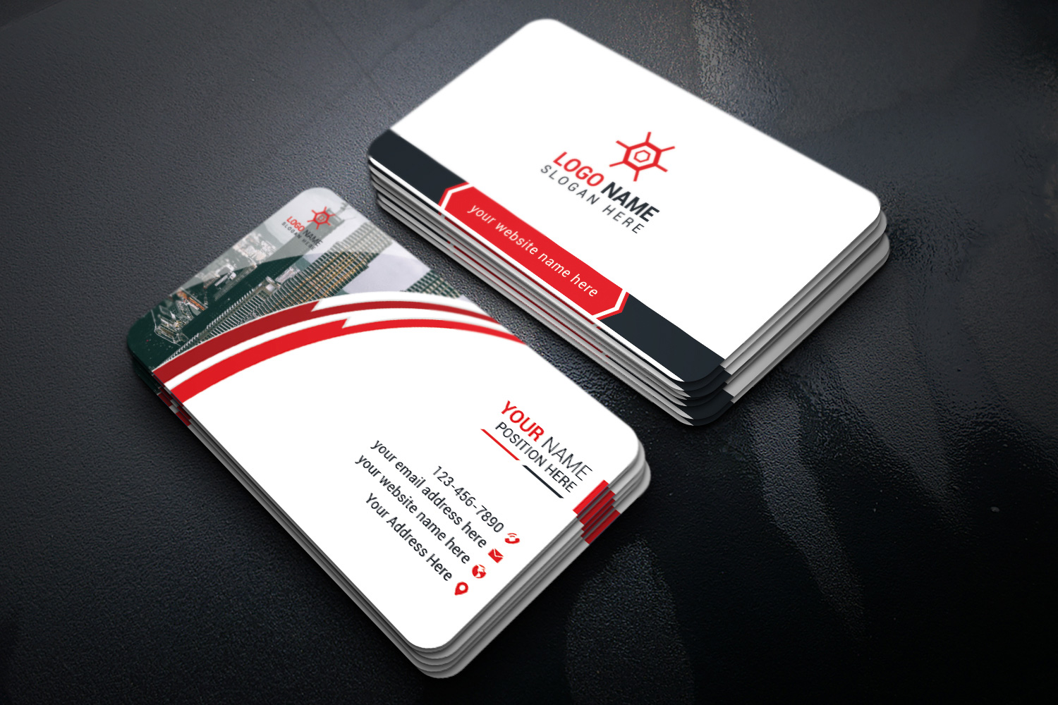 Light business card with soft red lines.