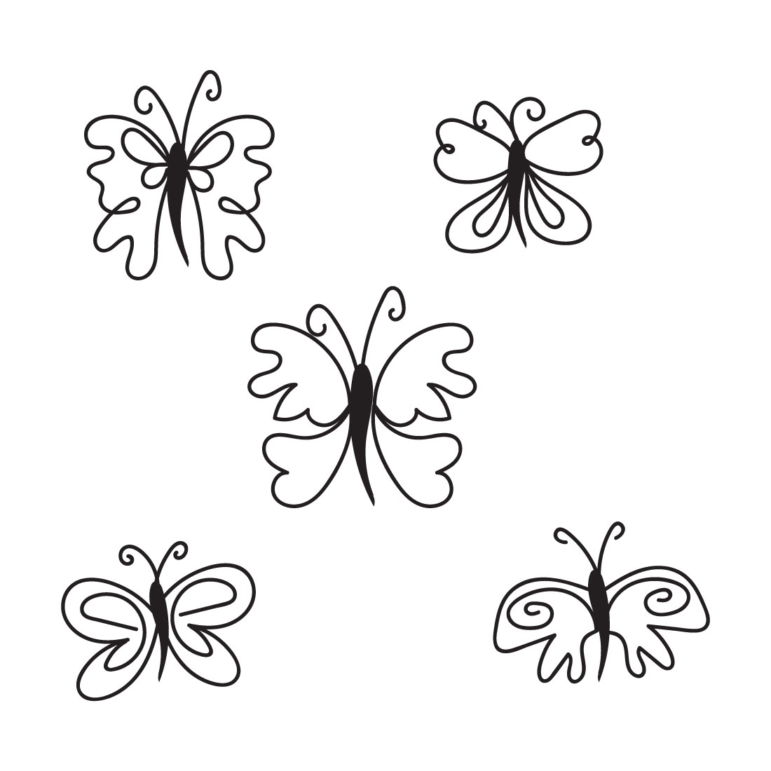 Set of four black and white butterflies.
