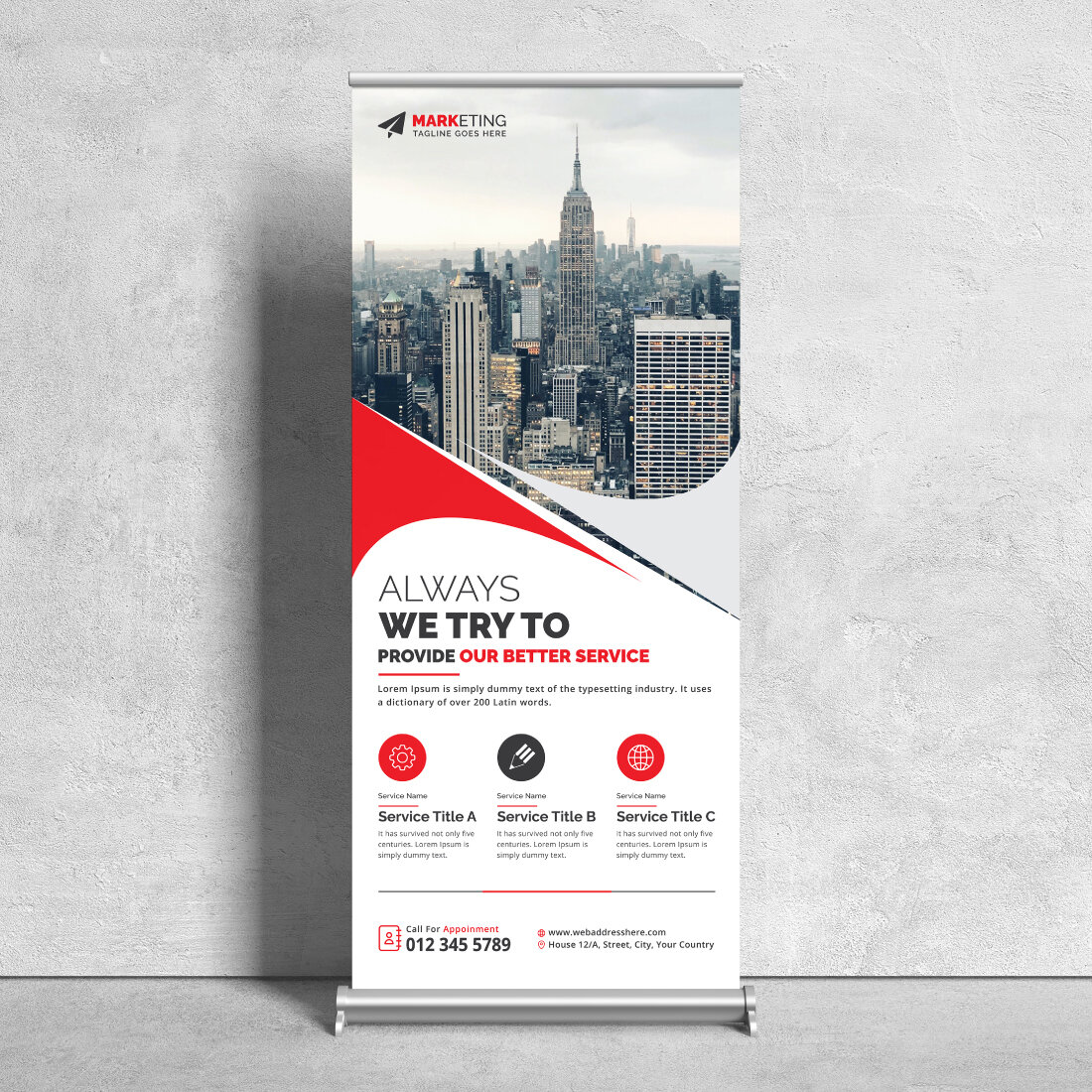 Image of corporate roll up banner in unique red design