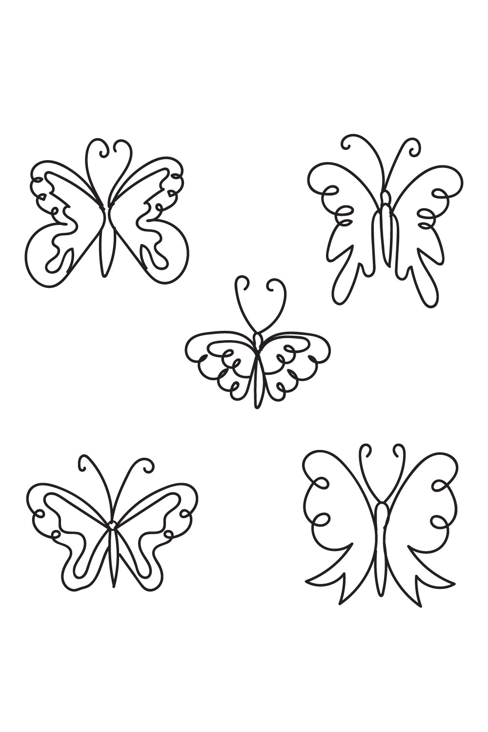 Set of four butterflies that are drawn in black and white.