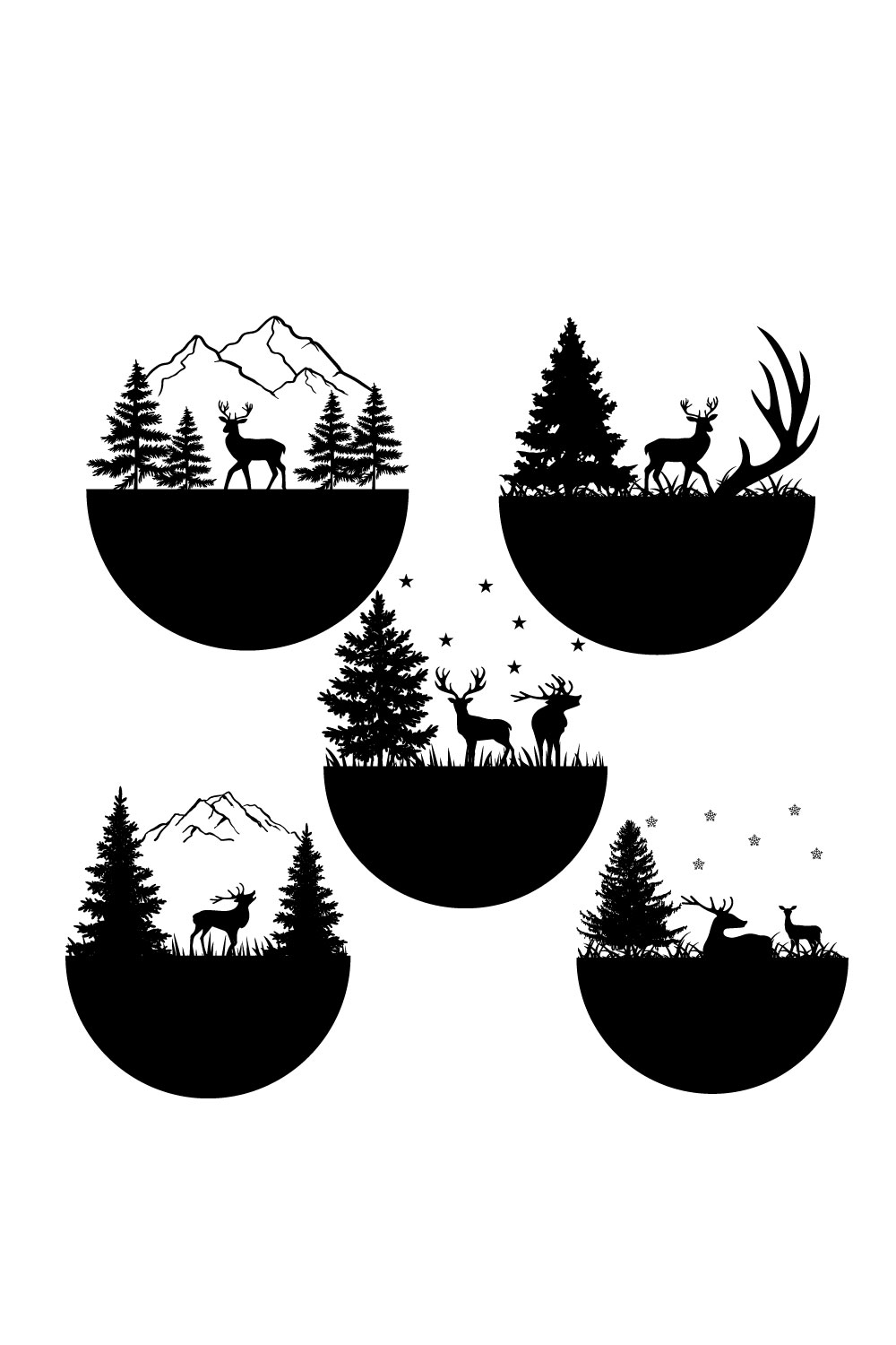 Set of four black and white silhouettes of deer in the woods.