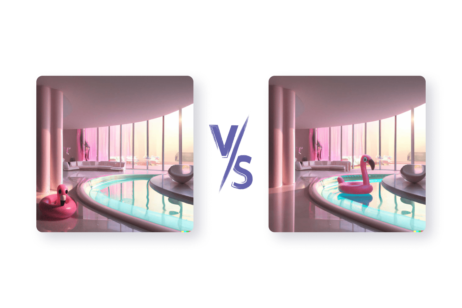 Two images with interior feature a flamingo pool float drawn in different shapes, reflections, and at different angles.