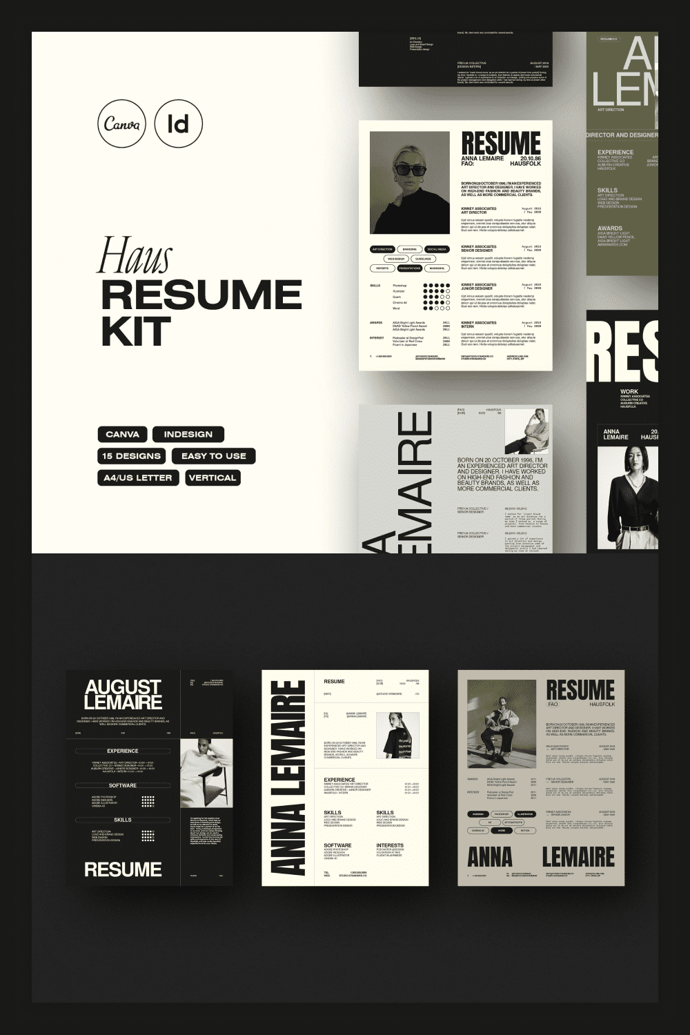 Collage of resume pages with large photo and structured text.