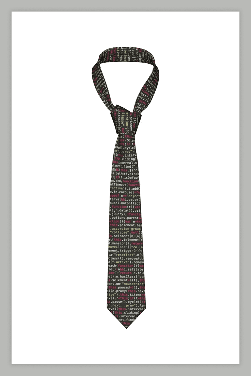 Image of a tie with white and red program code on it.