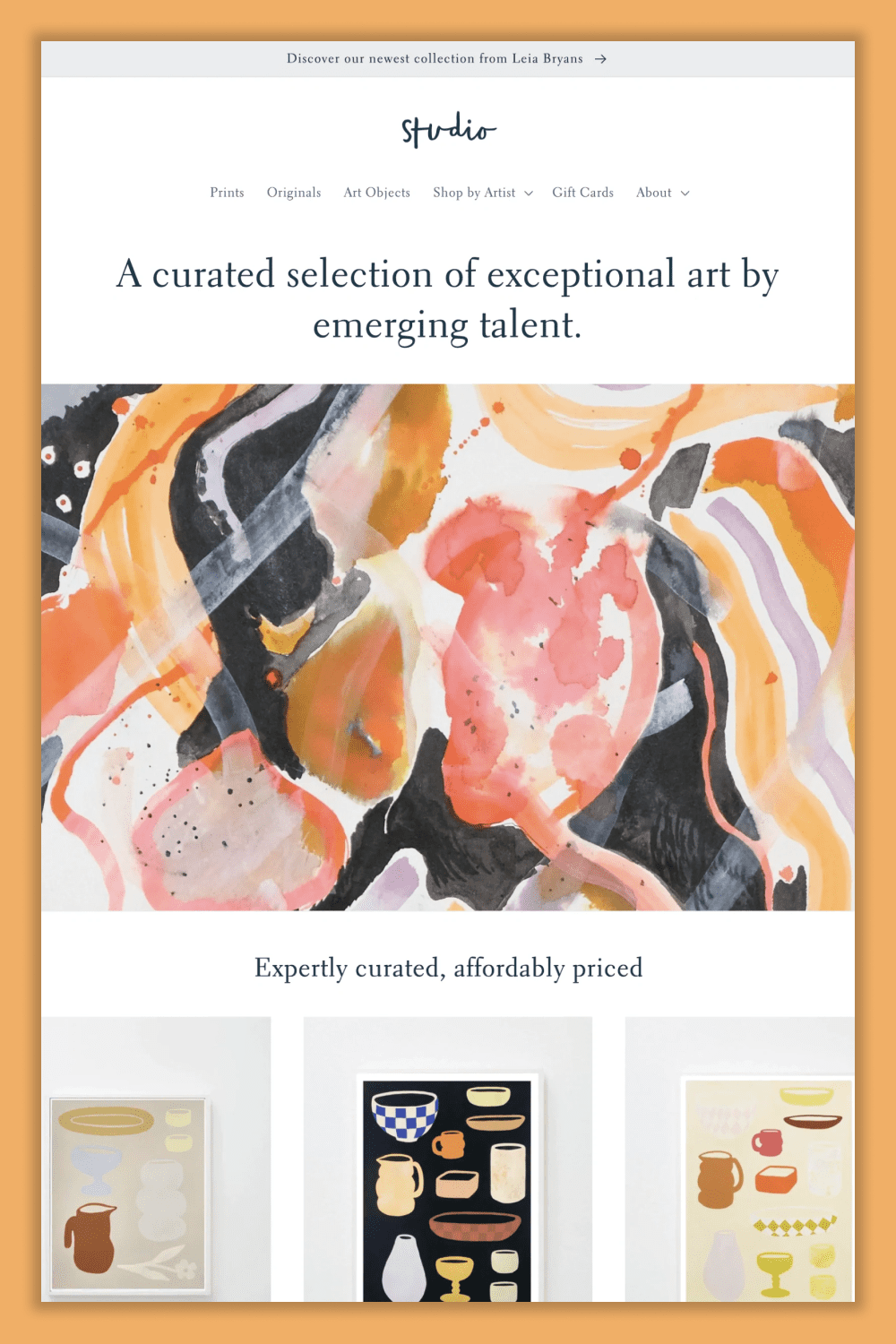 Screenshot of the main page of the online store with photos of paintings in the style of impressionism.