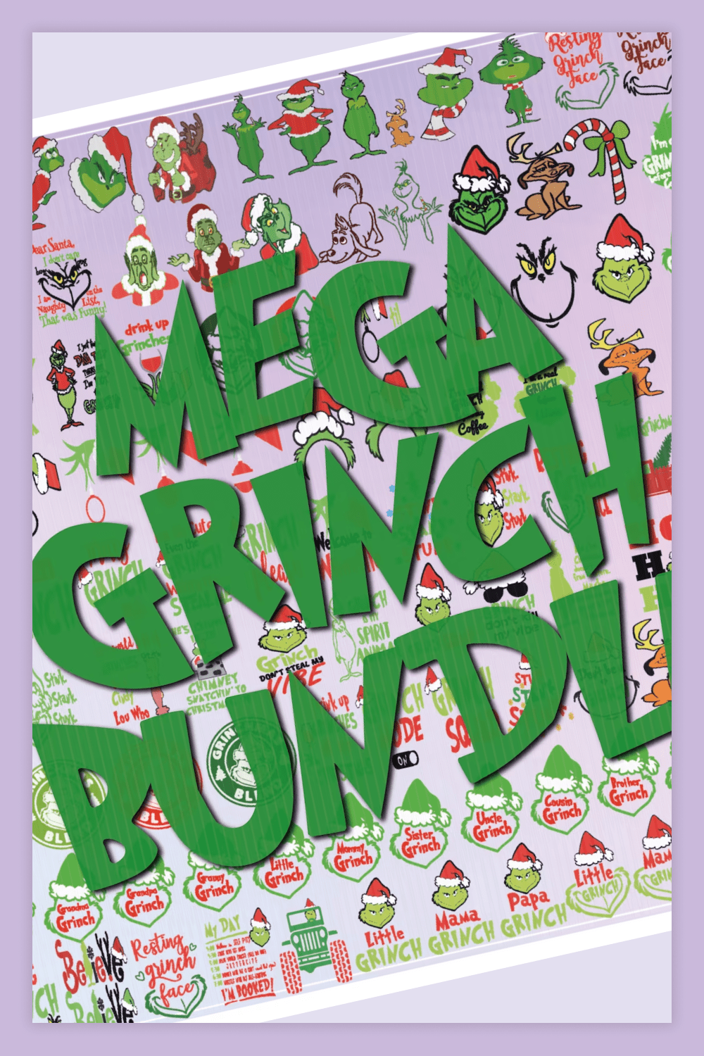 Collage with many pics with Grinch and big green letters.